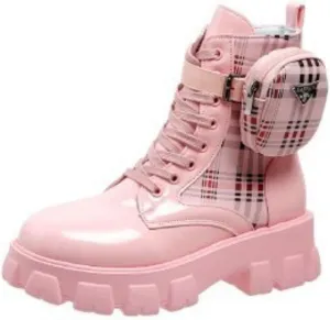 Women's Platform Block Lace Up Ankle Boots Fashion Round Closed Toe Low Heel Combat Short Boots With Pouch Pocket Punk Motorcycle Booties Fall Winter Shoes