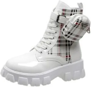 Women's Platform Block Lace Up Ankle Boots Fashion Round Closed Toe Low Heel Combat Short Boots With Pouch Pocket Punk Motorcycle Booties Fall Winter Shoes