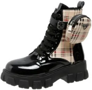 Women's Platform Block Lace Up Ankle Boots Fashion Round Closed Toe Low Heel Combat Short Boots With Pouch Pocket Punk Motorcycle Booties Fall Winter Shoes