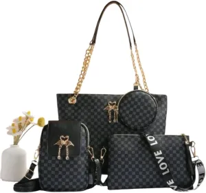 Women's Quilted Handbag Set with Chain Straps, 5 Piece Fashion Purse Set, Black with Gold Hardware