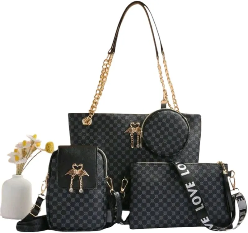 Women's Quilted Handbag Set with Chain Straps, 5 Piece Fashion Purse Set, Black with Gold Hardware
