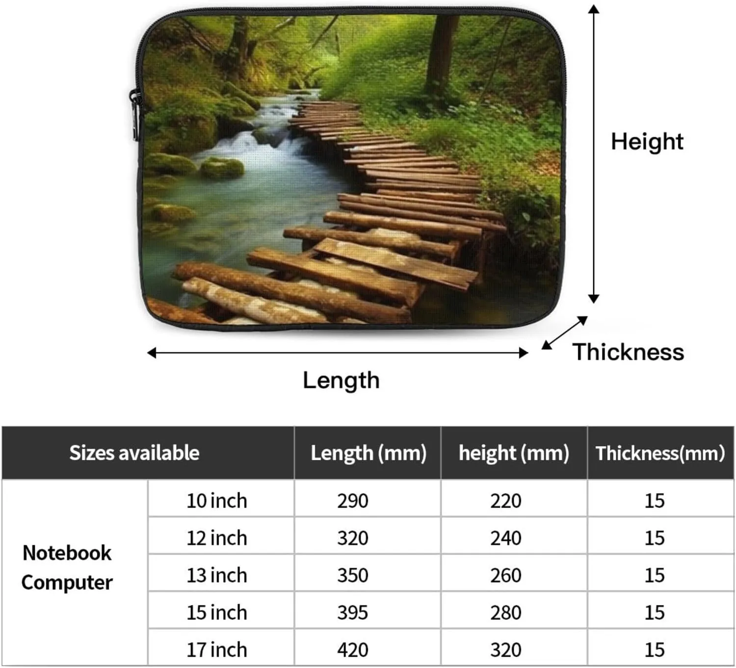Wooden Bridge Stream Water Laptop Case 17 inch Portable Computer Sleeve Shockproof Fashion Laptop Bag for Women Men Briefcase