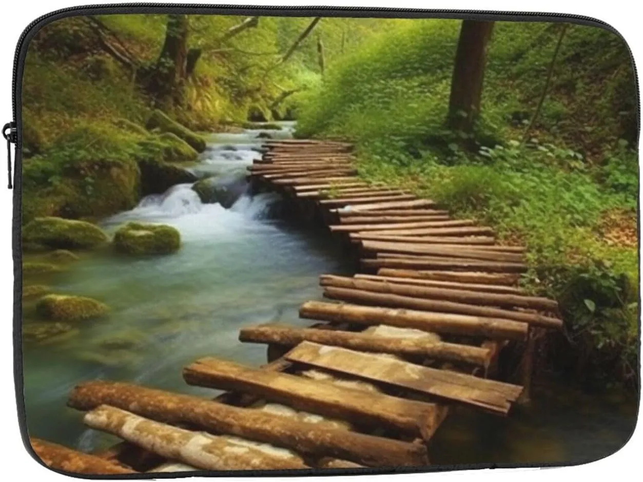 Wooden Bridge Stream Water Laptop Case 17 inch Portable Computer Sleeve Shockproof Fashion Laptop Bag for Women Men Briefcase
