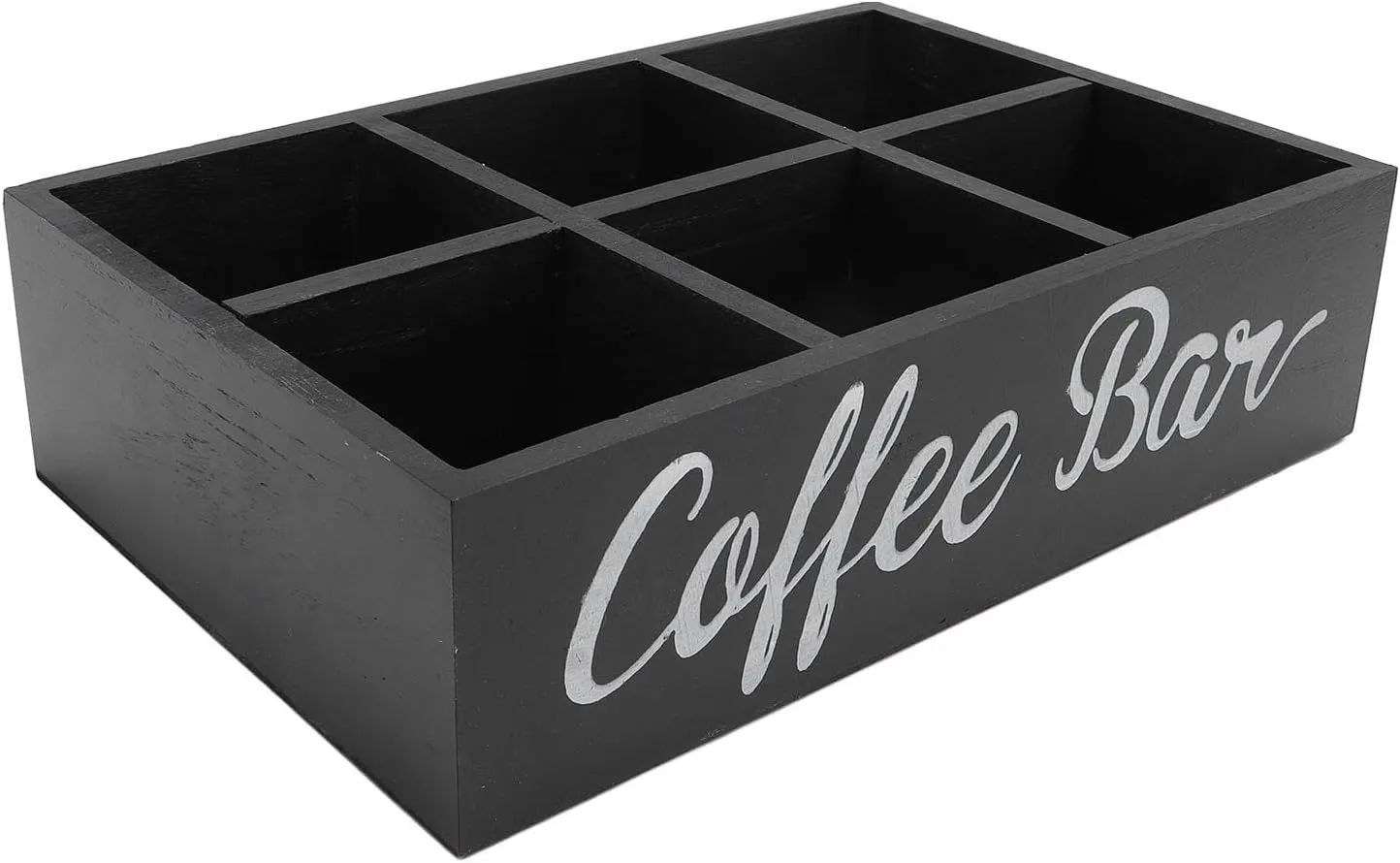 Wooden Coffee Bar Countertop Storage Basket with 6 Compartments, Coffee Station Organizer, with Divider, for Organizing Coffee Pods, Stir Sticks, Tea Bags, Sugar Packets (Black)