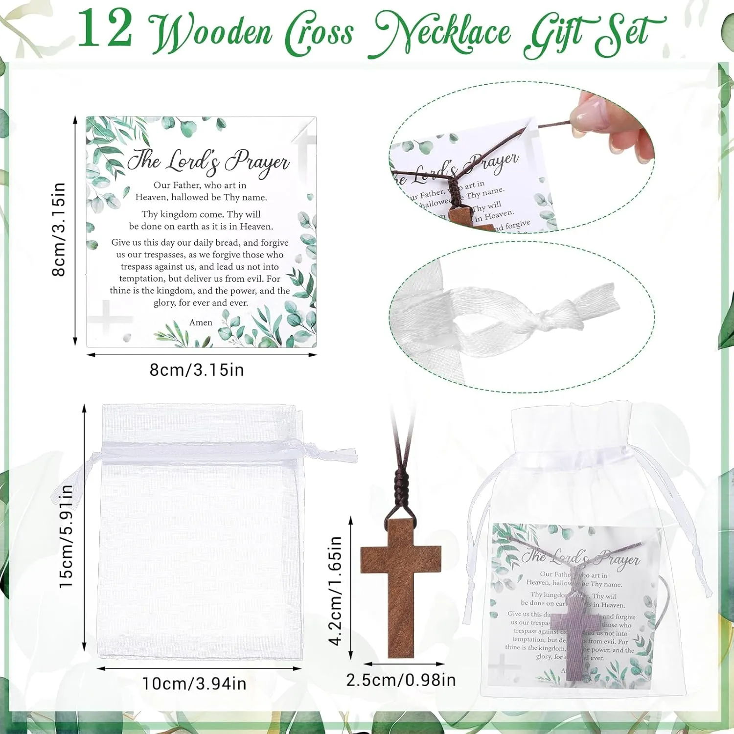 Wooden Cross Necklace Bulk Christian Gift Wood Cross Pendant Necklace with Lord's Prayer Cards Organza Bags for Family Friend Christian Church Jesus Religious Gifts Sunday School Party