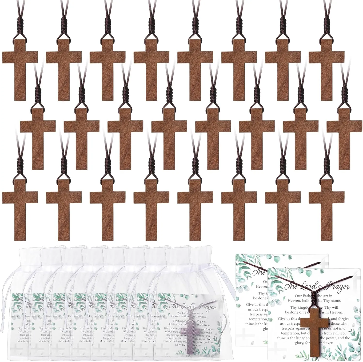 Wooden Cross Necklace Bulk Christian Gift Wood Cross Pendant Necklace with Lord's Prayer Cards Organza Bags for Family Friend Christian Church Jesus Religious Gifts Sunday School Party