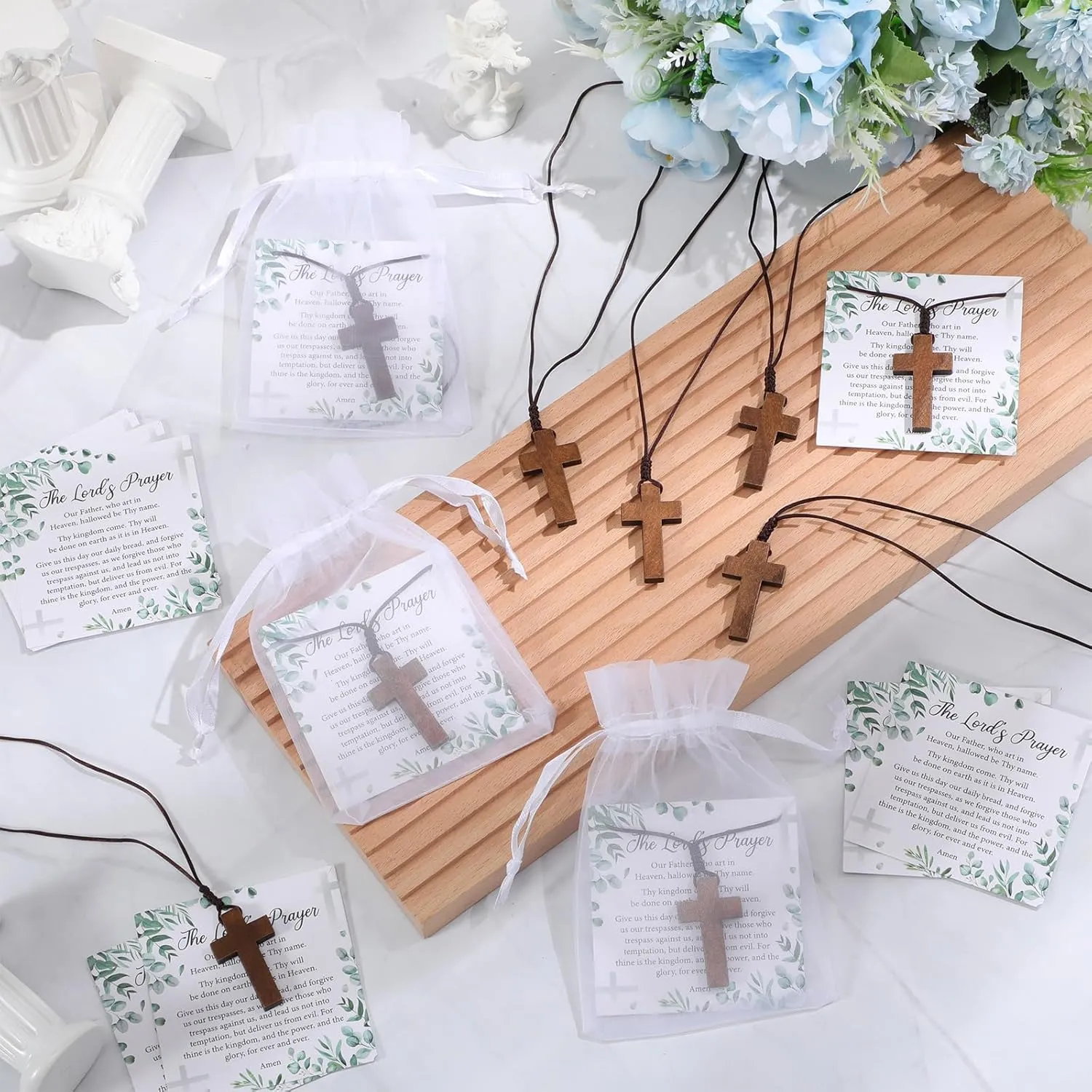 Wooden Cross Necklace Bulk Christian Gift Wood Cross Pendant Necklace with Lord's Prayer Cards Organza Bags for Family Friend Christian Church Jesus Religious Gifts Sunday School Party
