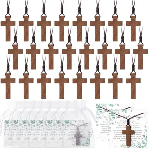 Wooden Cross Necklace Bulk Christian Gift Wood Cross Pendant Necklace with Lord's Prayer Cards Organza Bags for Family Friend Christian Church Jesus Religious Gifts Sunday School Party