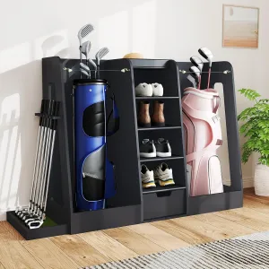Wooden Golf Bag Organizer and Storage Rack, Golf Storage Organizer for Garage, Golf Bag storage Rack, Holds 2 Golf Bags and Other Golfing Equipment, Suitable for Garage Home Golf Club