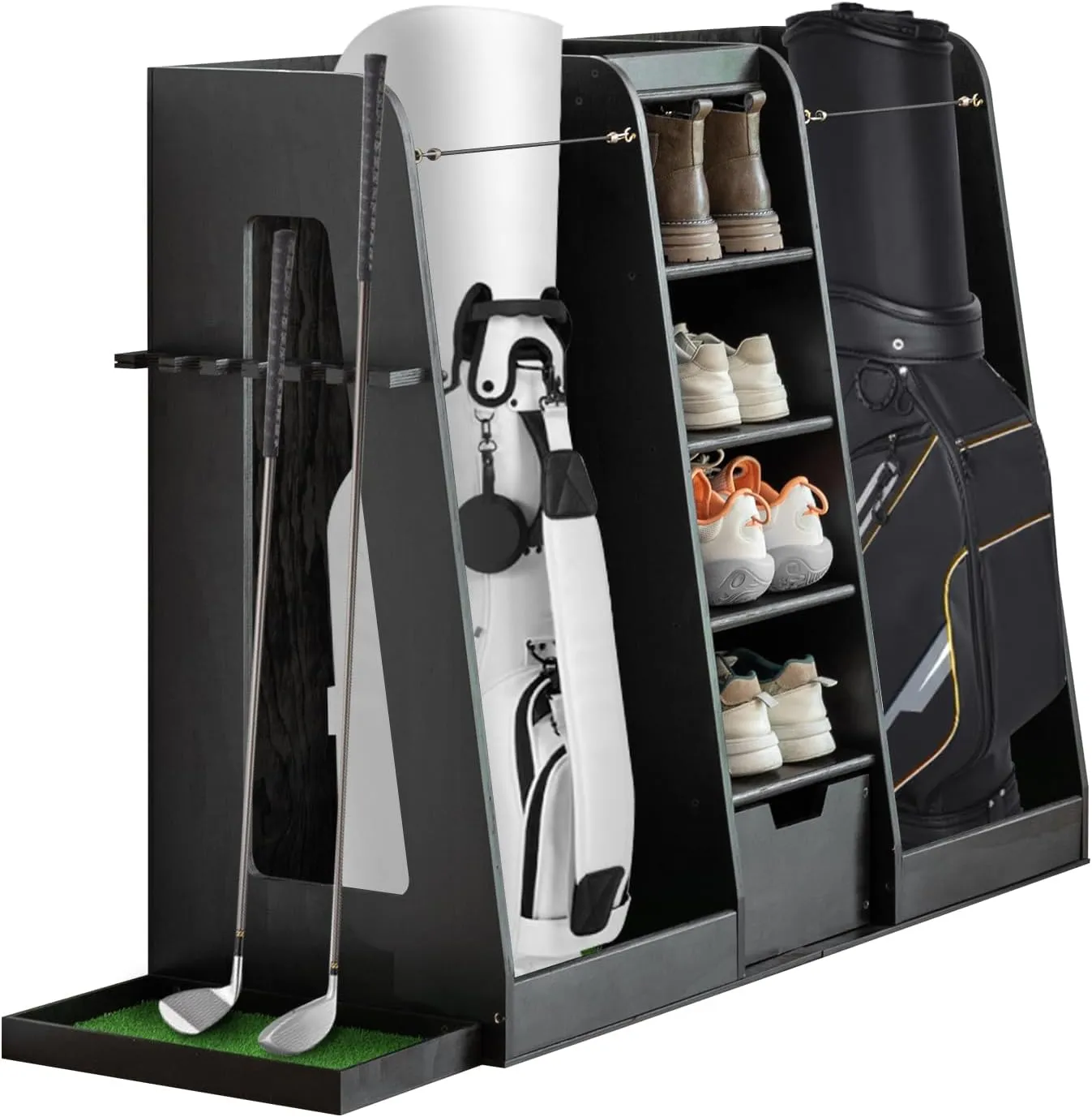 Wooden Golf Bag Organizer and Storage Rack, Wooden 2 Golf Bags Rack Stand Holder, Can Accommodate 2 Golf Bags and 3-5 Golf Clubs/Hockey Sticks, Golf Balls, Suitable for Garage Home Simulator＆Office