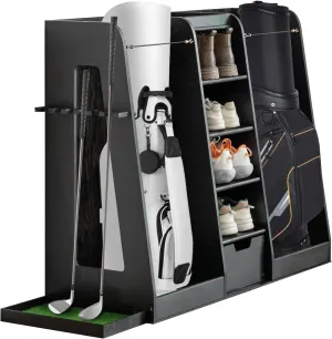 Wooden Golf Bag Organizer and Storage Rack, Wooden 2 Golf Bags Rack Stand Holder, Can Accommodate 2 Golf Bags and 3-5 Golf Clubs/Hockey Sticks, Golf Balls, Suitable for Garage Home Simulator＆Office