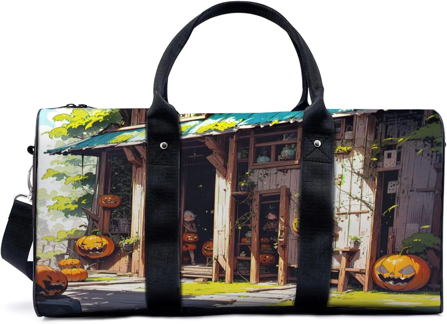 Wooden house celebrates halloween pumpkin sunshine Travel Duffel Bag for Woman Weekender Bag Man Tote Gym Bag Sport Gym Bag Hospital Bag for Labor and Delivery Overnight Bag Luggage Bag