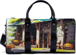 Wooden house celebrates halloween pumpkin sunshine Travel Duffel Bag for Woman Weekender Bag Man Tote Gym Bag Sport Gym Bag Hospital Bag for Labor and Delivery Overnight Bag Luggage Bag