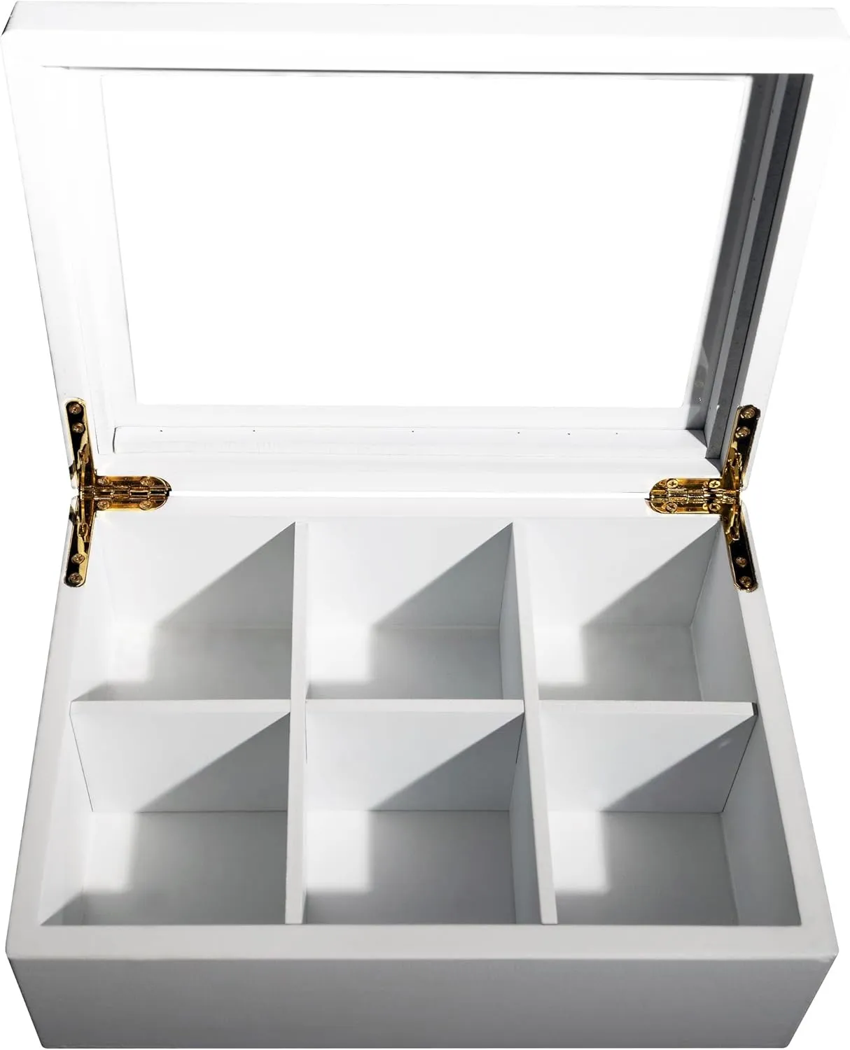 Wooden Tea Organizer For Tea Bags - Black Wooden Tea Chest With 6 Compartments - Clear Top Window - Lid Stays Open (White)