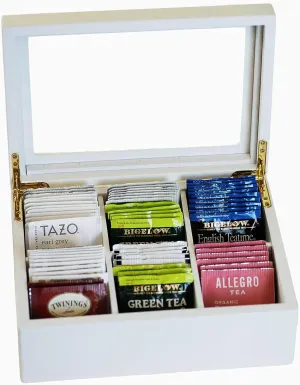 Wooden Tea Organizer For Tea Bags - Black Wooden Tea Chest With 6 Compartments - Clear Top Window - Lid Stays Open (White)