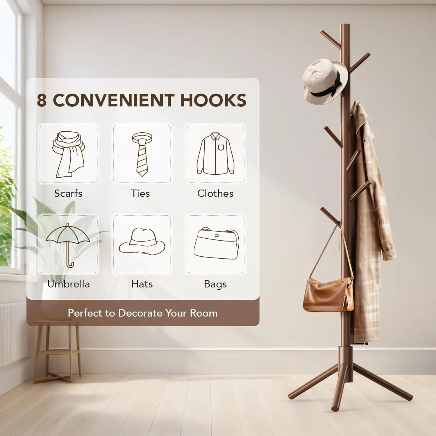 Wooden Tree Coat Rack Stand,Sturdy Freestanding Coat Rack with 8 Hooks,3 Adjustable Height for Child Adult,Wood Coat Stand Tree Fits Entryway Bedroom Office for Bags,Hats, 2 Pack
