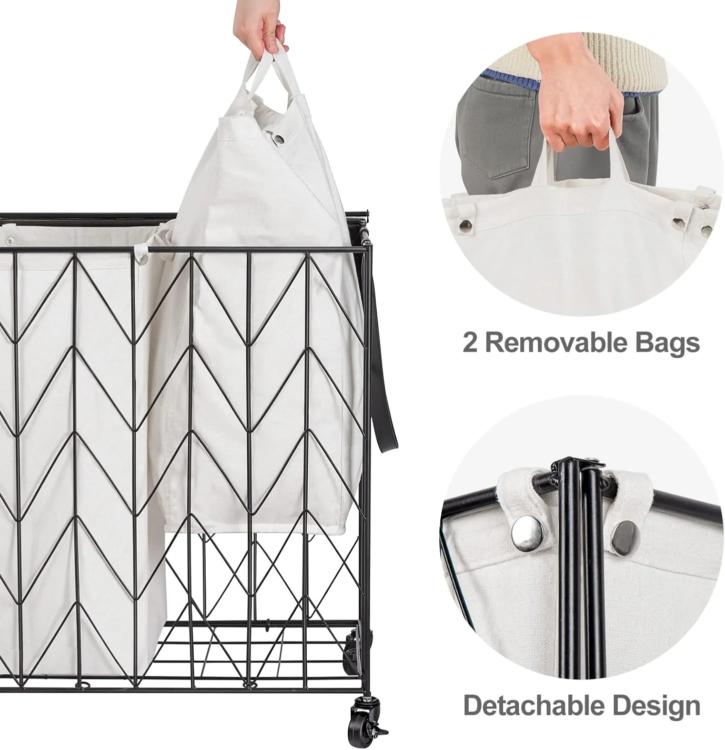 WOWLIVE Laundry Basket with Wheels, Heavy Duty Laundry Hamper with Wood Lid, Clothes Hamper with Divided Removable Liner Bag, Large Capacity Iron-Made Laundry Sorter Laundry Room Organization (Beige)