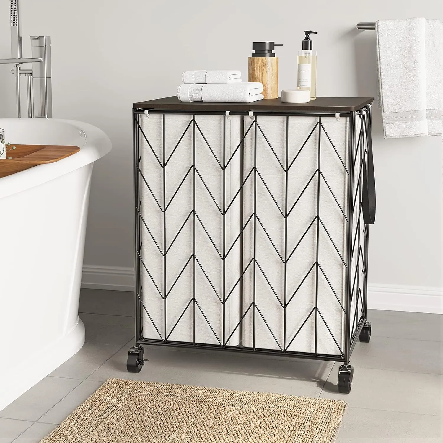 WOWLIVE Laundry Basket with Wheels, Heavy Duty Laundry Hamper with Wood Lid, Clothes Hamper with Divided Removable Liner Bag, Large Capacity Iron-Made Laundry Sorter Laundry Room Organization (Beige)