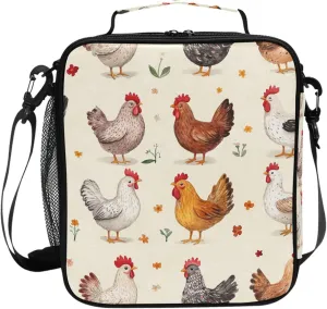Wudan Cartoon Cute Chicken Beige Insulated Lunch Bags for Girls with Pocket Nurse Crossbody Lunch Bag for Construction Workers