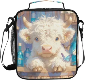 Wudan Highland Cow Blue Bottles Butterflies Daisy Insulated Boys Lunch Bag Thermal Teachers Crossbody Lunch Bag for Office Workers