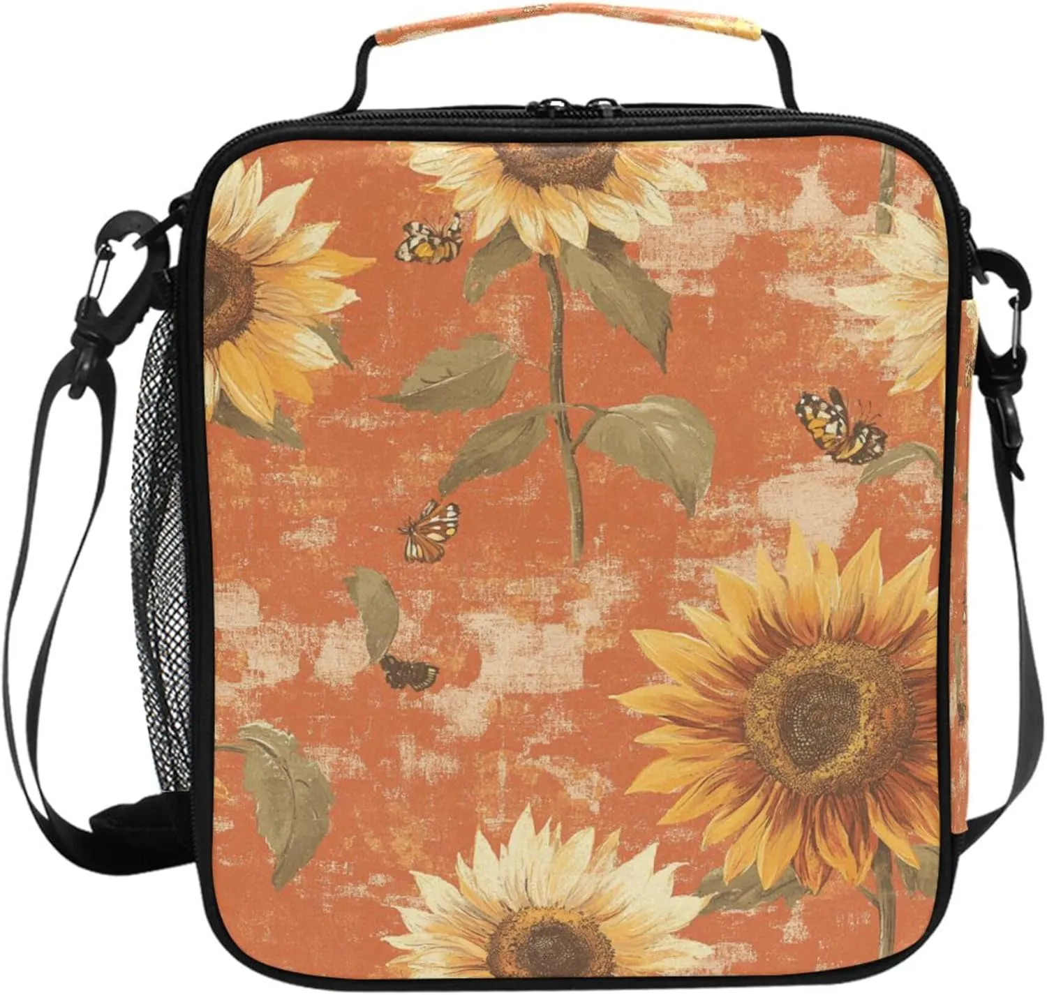 Wudan Rustic Sunflower Terracotta Insulated Kids Bags with Zipper Boy Insulated Bags for Outdoor Picnic