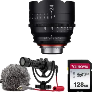 XEEN by ROKINON 24mm T1.5 Professional Cine Lens for Micro 4/3 Mount   Rode VideoMicro Compact On-Camera Microphone with Shock Mount and Furry Windshield   128GB High Speed Memory Card