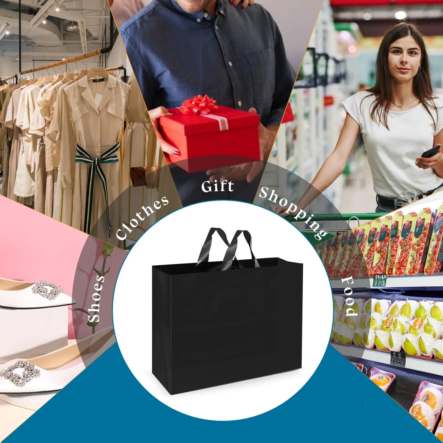 XPCARE 100Pack Frosted Plastic Gift Bags, 16x6x12 Black Plastic Shopping Bags with Handles for Small Business, Boutiques, Retail Stores, Gifts & Merchandise