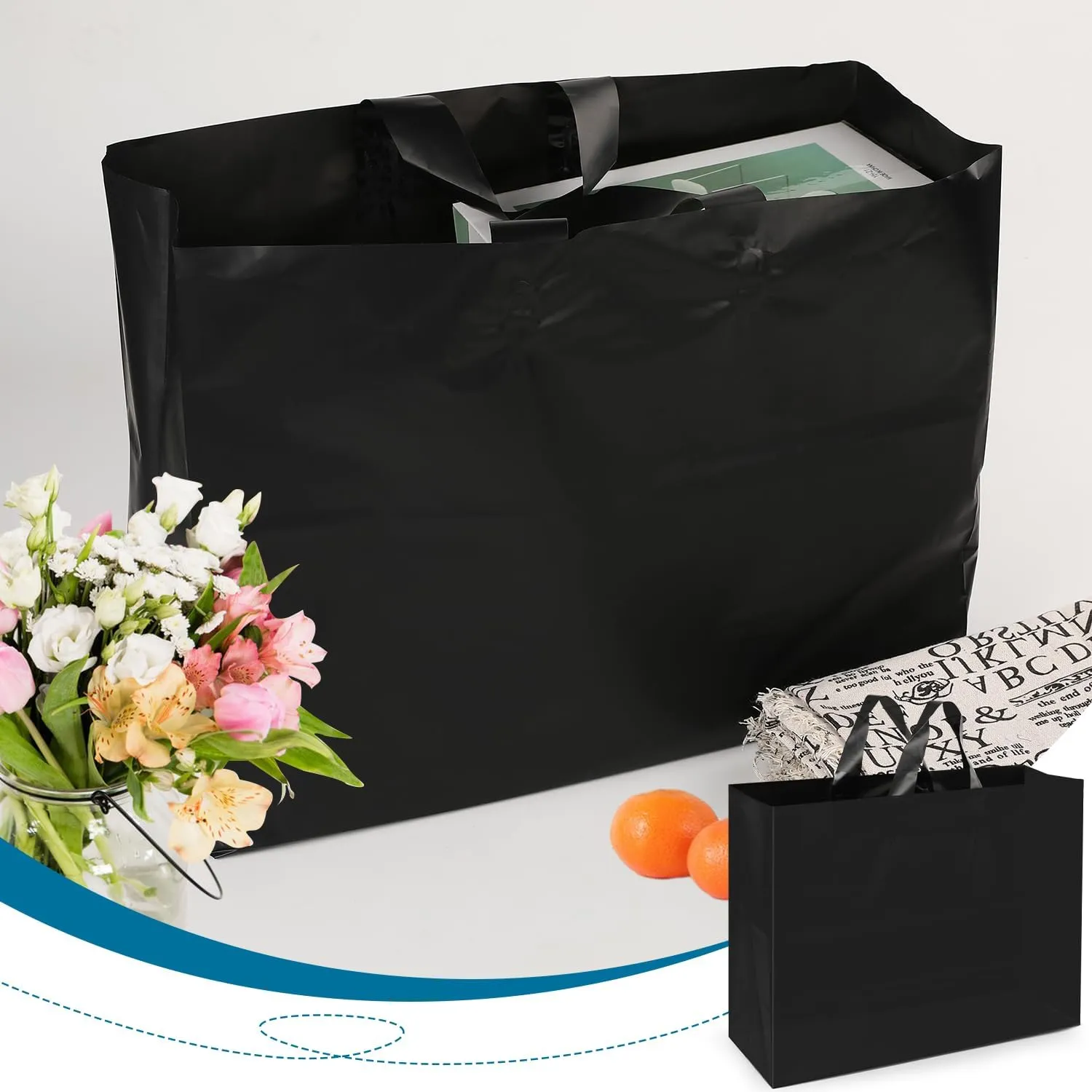 XPCARE 100Pack Frosted Plastic Gift Bags, 16x6x12 Black Plastic Shopping Bags with Handles for Small Business, Boutiques, Retail Stores, Gifts & Merchandise