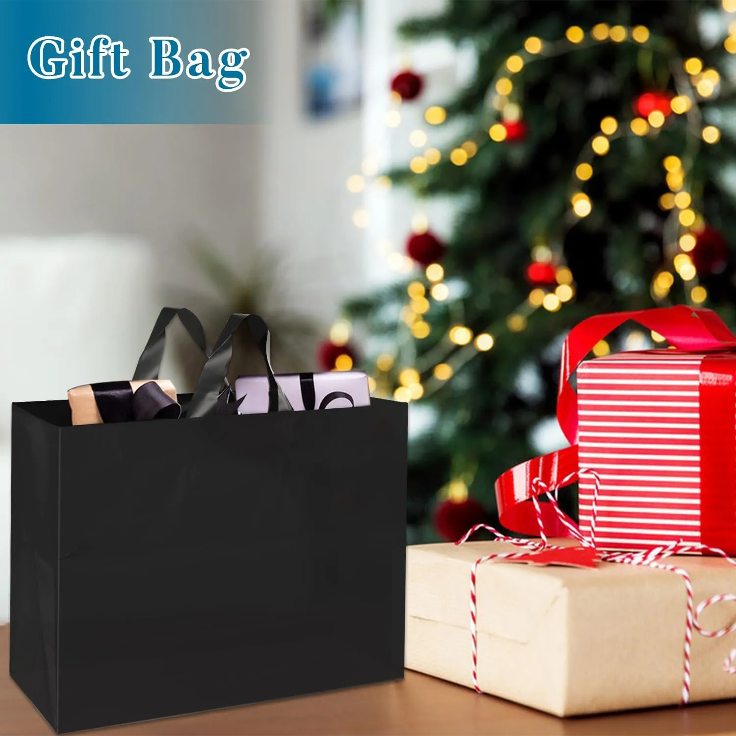 XPCARE 100Pack Frosted Plastic Gift Bags, 16x6x12 Black Plastic Shopping Bags with Handles for Small Business, Boutiques, Retail Stores, Gifts & Merchandise