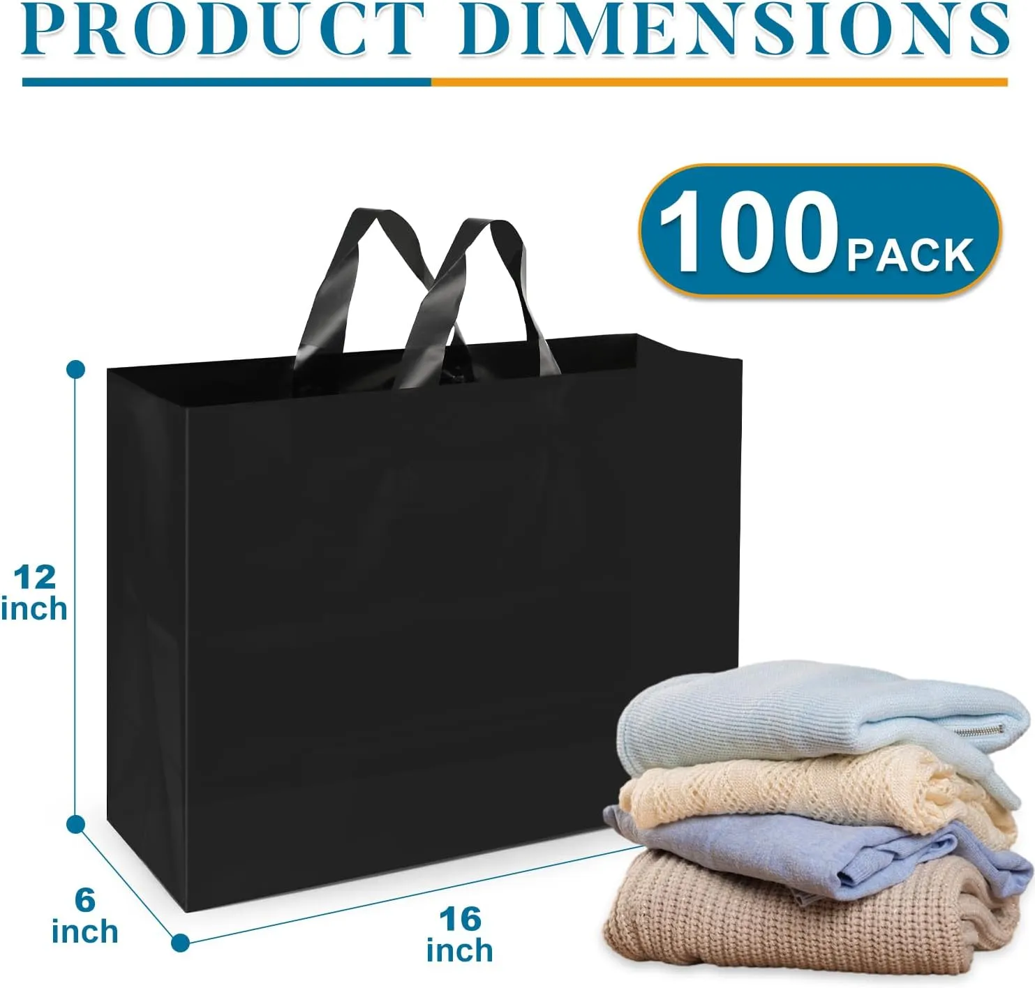 XPCARE 100Pack Frosted Plastic Gift Bags, 16x6x12 Black Plastic Shopping Bags with Handles for Small Business, Boutiques, Retail Stores, Gifts & Merchandise