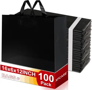 XPCARE 100Pack Frosted Plastic Gift Bags, 16x6x12 Black Plastic Shopping Bags with Handles for Small Business, Boutiques, Retail Stores, Gifts & Merchandise
