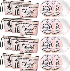 Xuniea 24 Pcs Inspirational Gifts for Women Bulk 12 Motivation Canvas Makeup Bags 12 Round Portable Pocket Mirror You're Beautiful Awesome Appreciation Gifts for Mother Coworker Nurse(Beautiful)