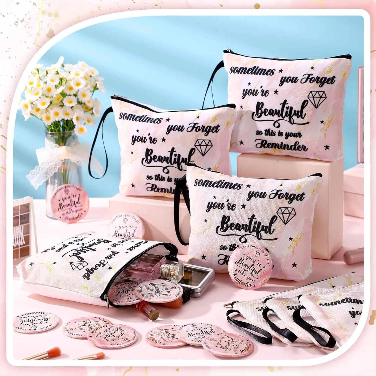 Xuniea 24 Pcs Inspirational Gifts for Women Bulk 12 Motivation Canvas Makeup Bags 12 Round Portable Pocket Mirror You're Beautiful Awesome Appreciation Gifts for Mother Coworker Nurse(Beautiful)
