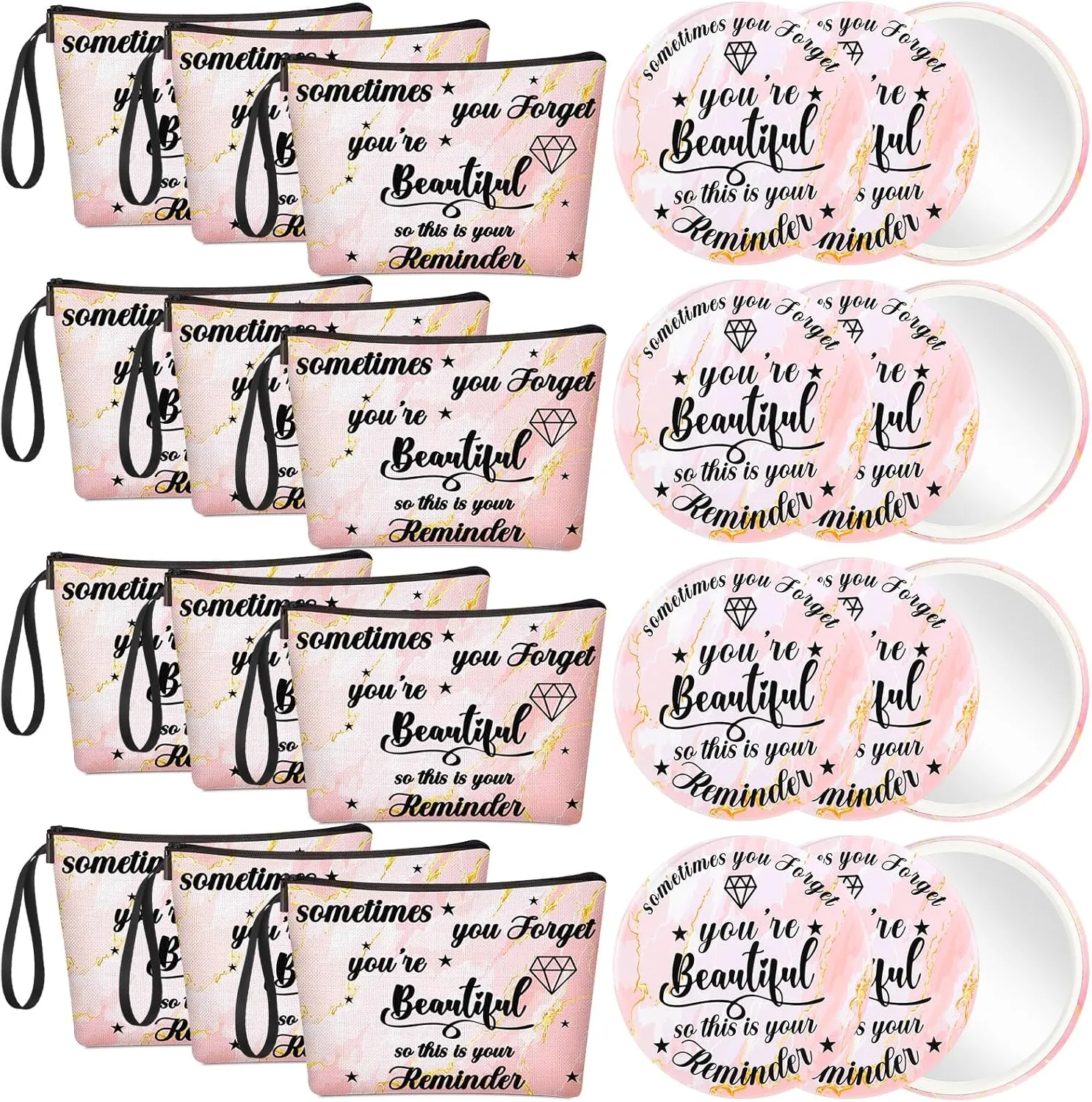 Xuniea 24 Pcs Inspirational Gifts for Women Bulk 12 Motivation Canvas Makeup Bags 12 Round Portable Pocket Mirror You're Beautiful Awesome Appreciation Gifts for Mother Coworker Nurse(Beautiful)