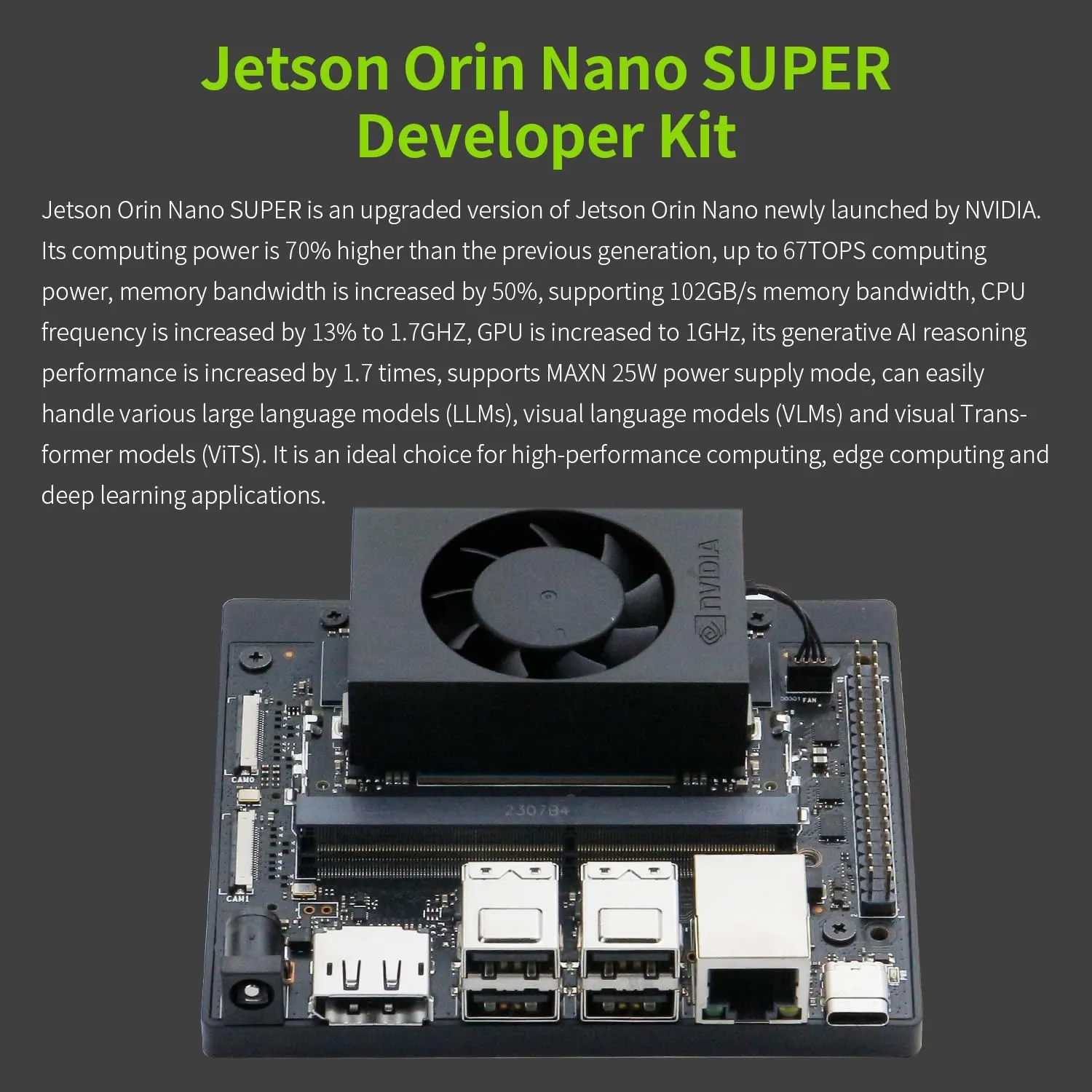 Yahboom Jetson Orin Nano 8GB Board Kit, 67TOPS, IMX219 Camera, Antenna, Network Card, 256GB SSD, ROS2, Supports Updating, Super
