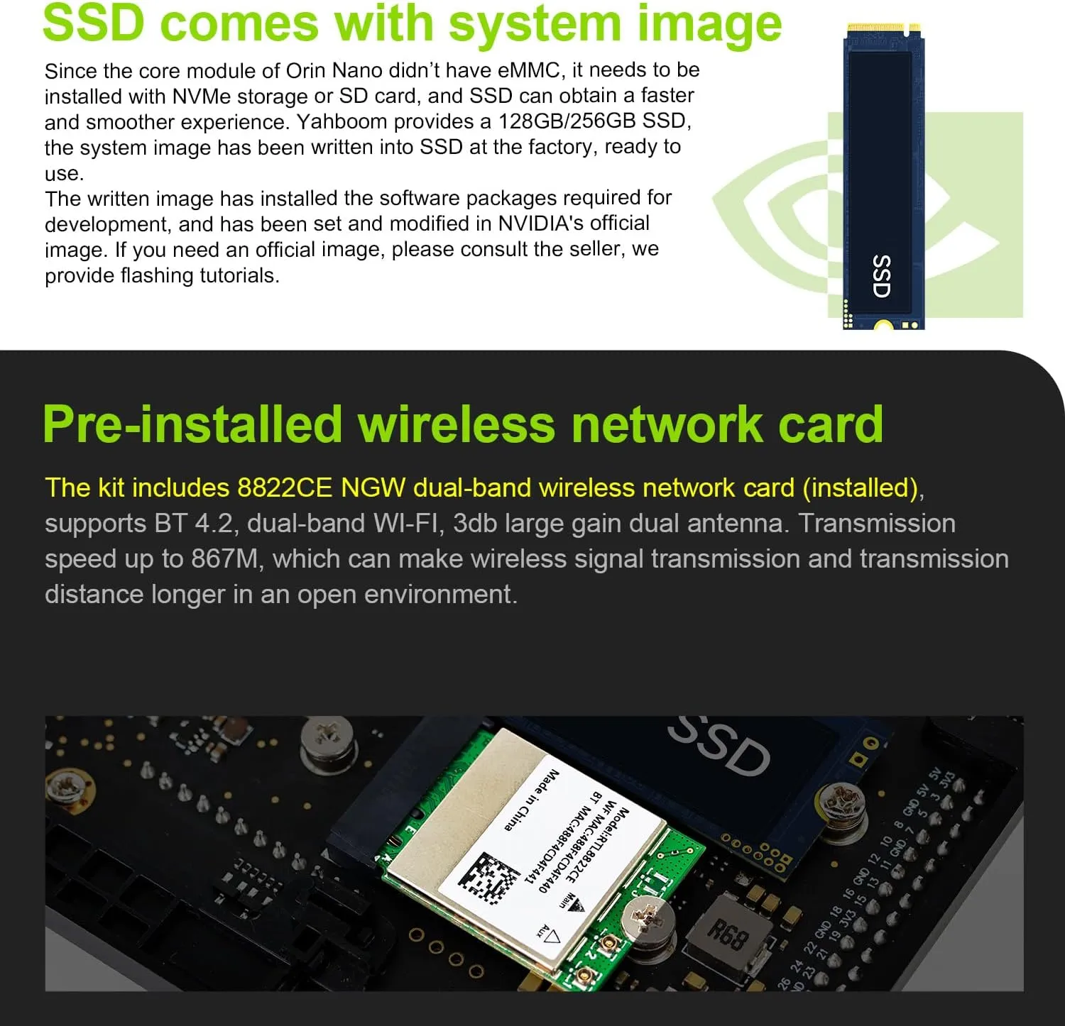 Yahboom Jetson Orin Nano 8GB Board Kit, 67TOPS, IMX219 Camera, Antenna, Network Card, 256GB SSD, ROS2, Supports Updating, Super