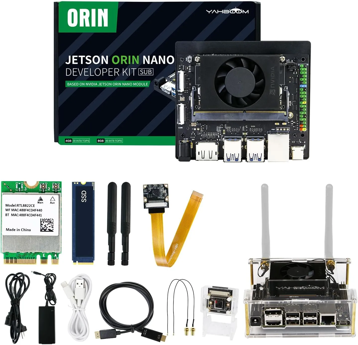 Yahboom Jetson Orin Nano 8GB Board Kit, 67TOPS, IMX219 Camera, Antenna, Network Card, 256GB SSD, ROS2, Supports Updating, Super