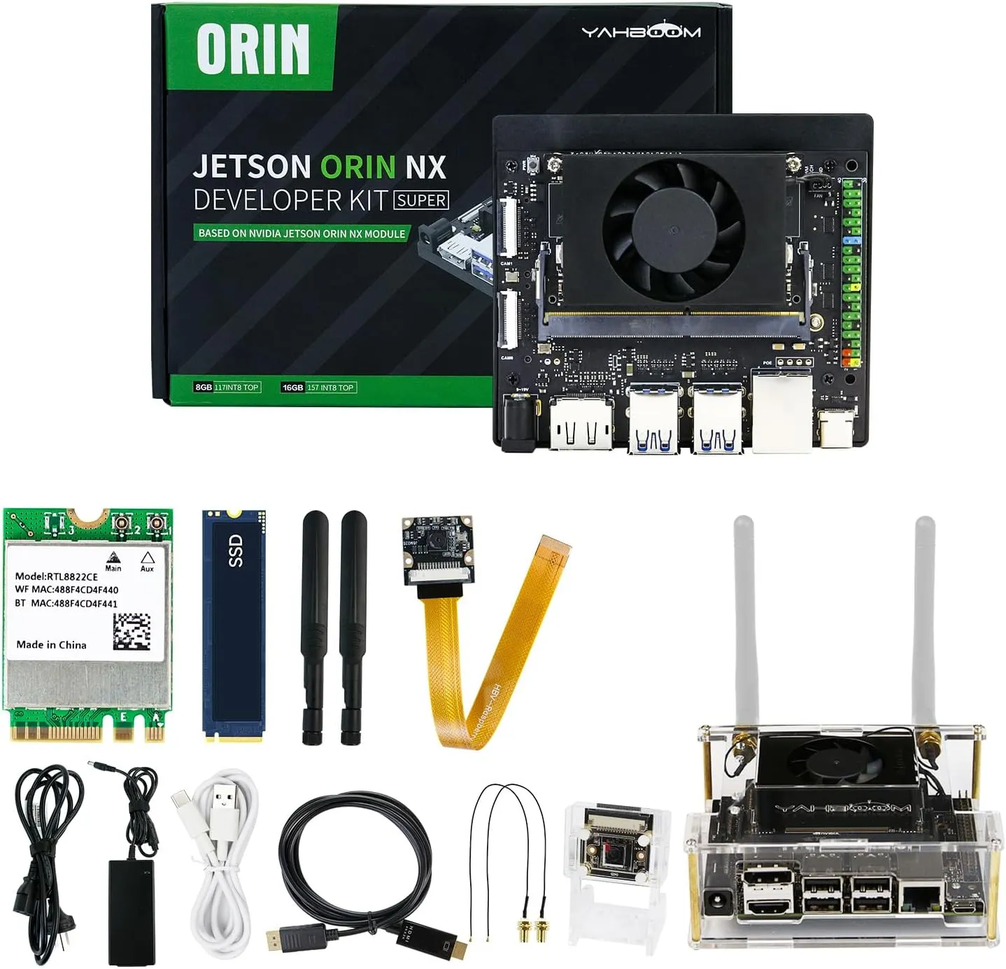 Yahboom Jetson Orin NX 16GB RAM AI 157TOPS Development Kit IMX219 CSI Camera 256GB SSD for ROS2 Programming Support Super Update (Orin NX 16GB Came Adv Kit)