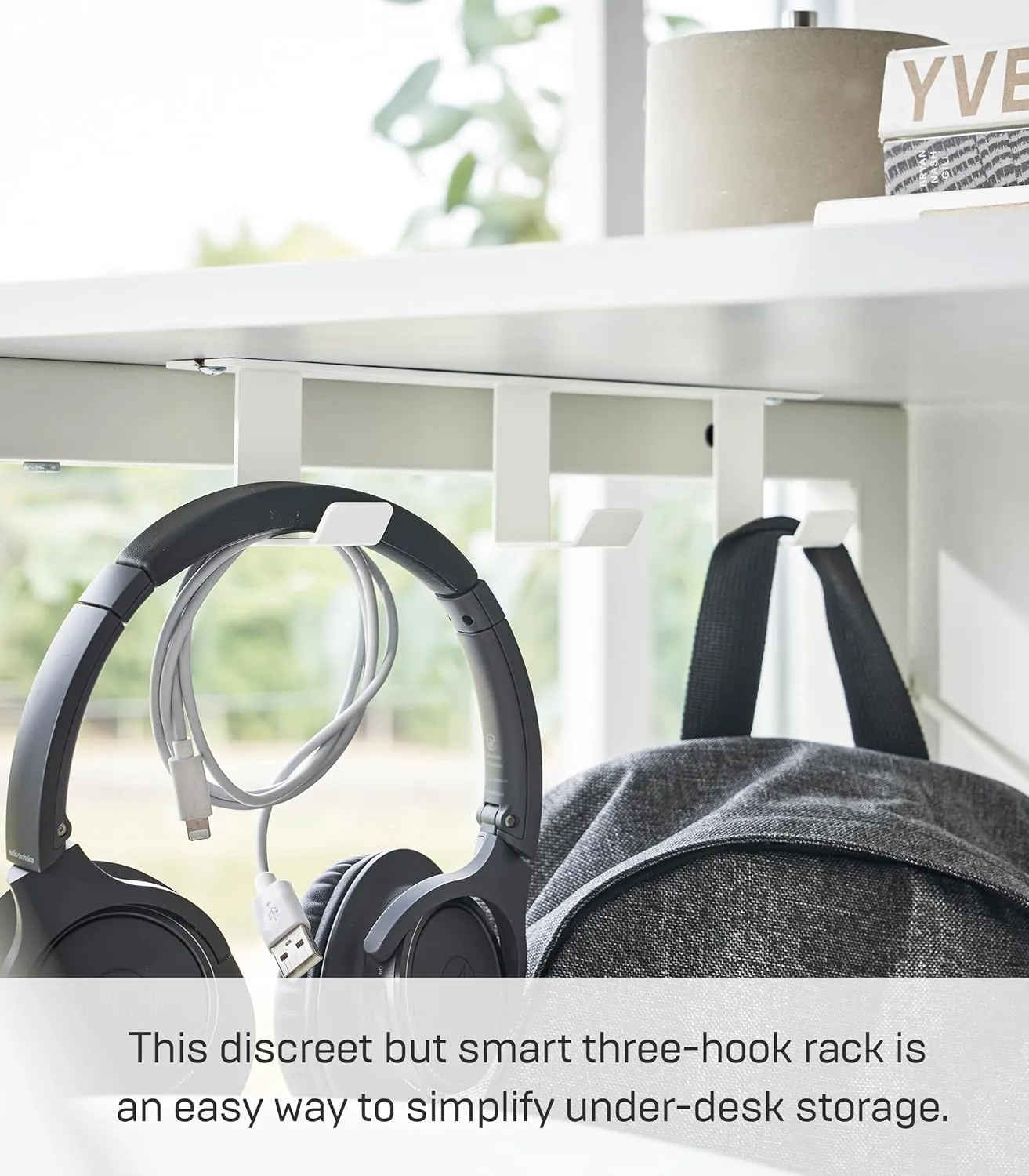 Yamazaki Home Tower Under Desk Hanger Hooks, Headphone Headset Bag Or Charger Storage Holder for Bedroom Or Office - Steel