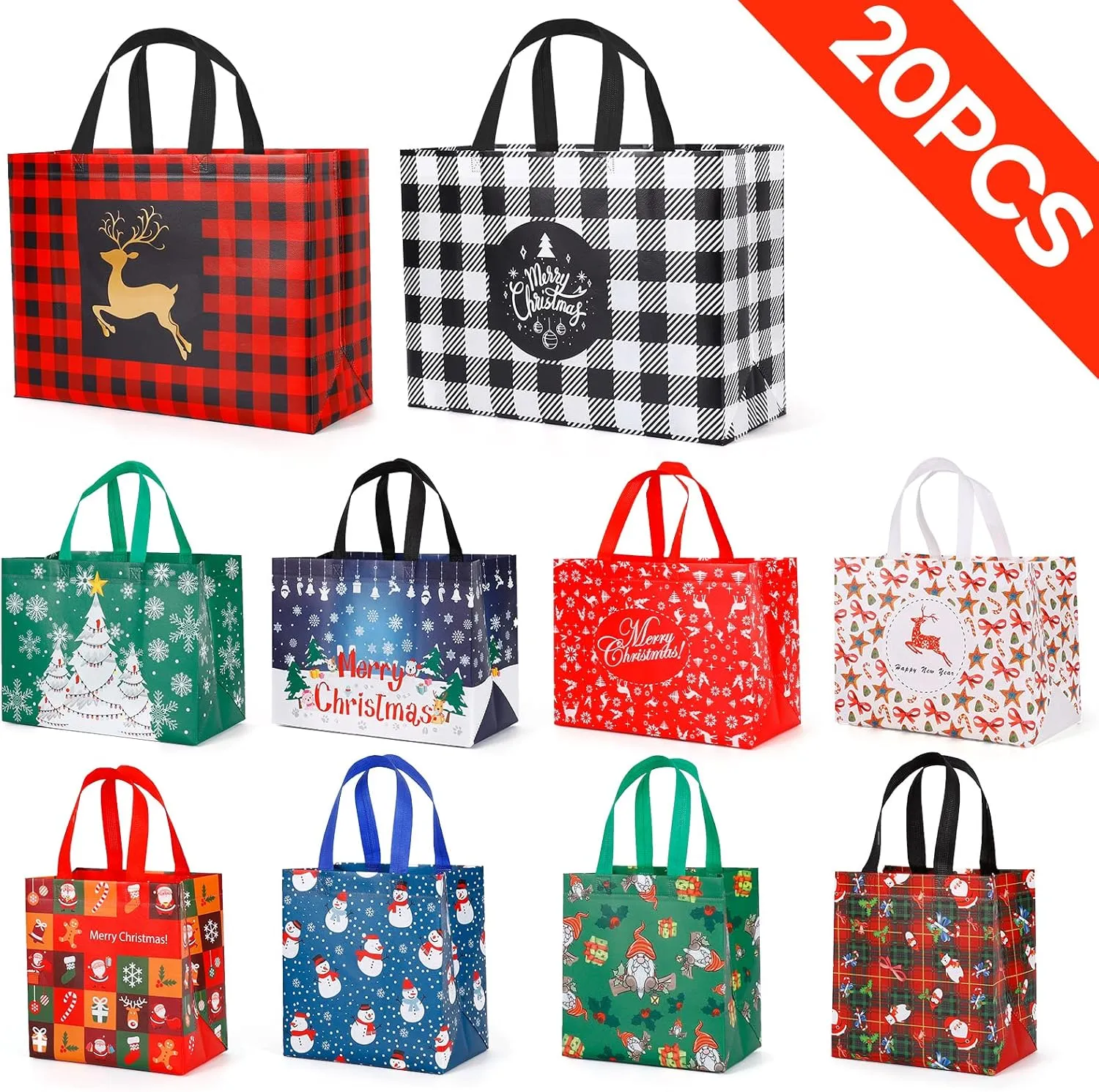 YANGTE 20 Pack Christmas Gift Bags Assorted Sizes, Reusable Tote Bags with Handle, Includes 4 Large 8 Medium 8 Small Non-Woven Christmas Bags for Xmas Party Favors