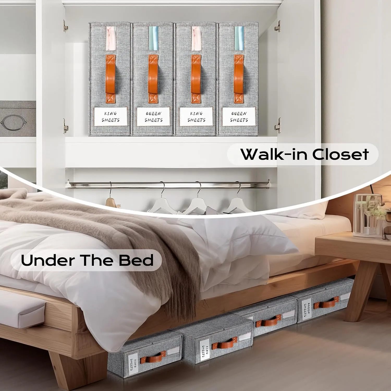 Yecaye 4 Pack Bed Sheet Organizer, Foldable Linen Closet Organizers and Storage (Queen & King Size) with Window & Label, Bedding Storage Box for Bedsheets, Duvet Covers and Pillow, Grey