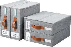 Yecaye 4 Pack Bed Sheet Organizer, Foldable Linen Closet Organizers and Storage (Queen & King Size) with Window & Label, Bedding Storage Box for Bedsheets, Duvet Covers and Pillow, Grey
