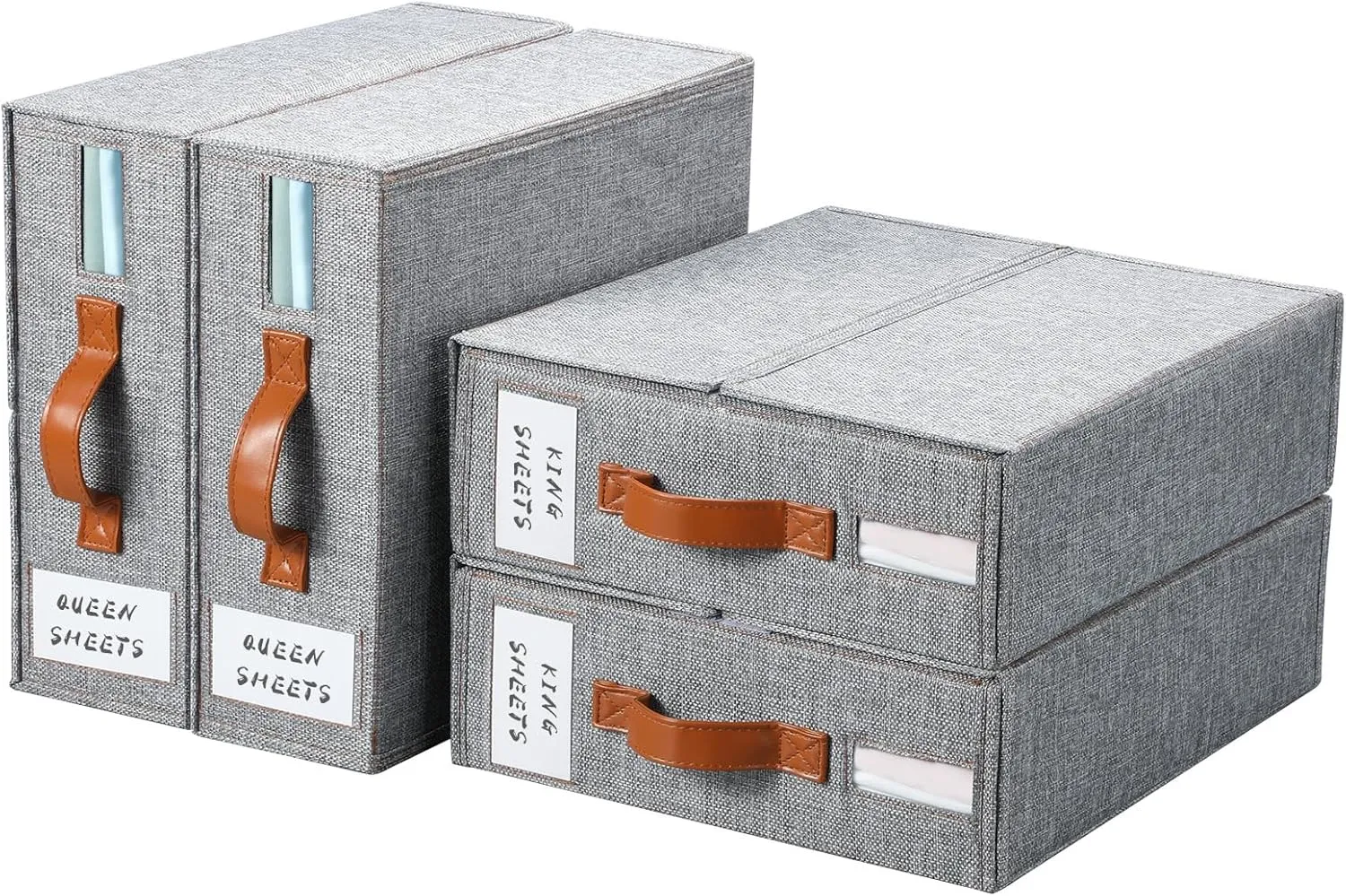 Yecaye 4 Pack Bed Sheet Organizer, Foldable Linen Closet Organizers and Storage (Queen & King Size) with Window & Label, Bedding Storage Box for Bedsheets, Duvet Covers and Pillow, Grey