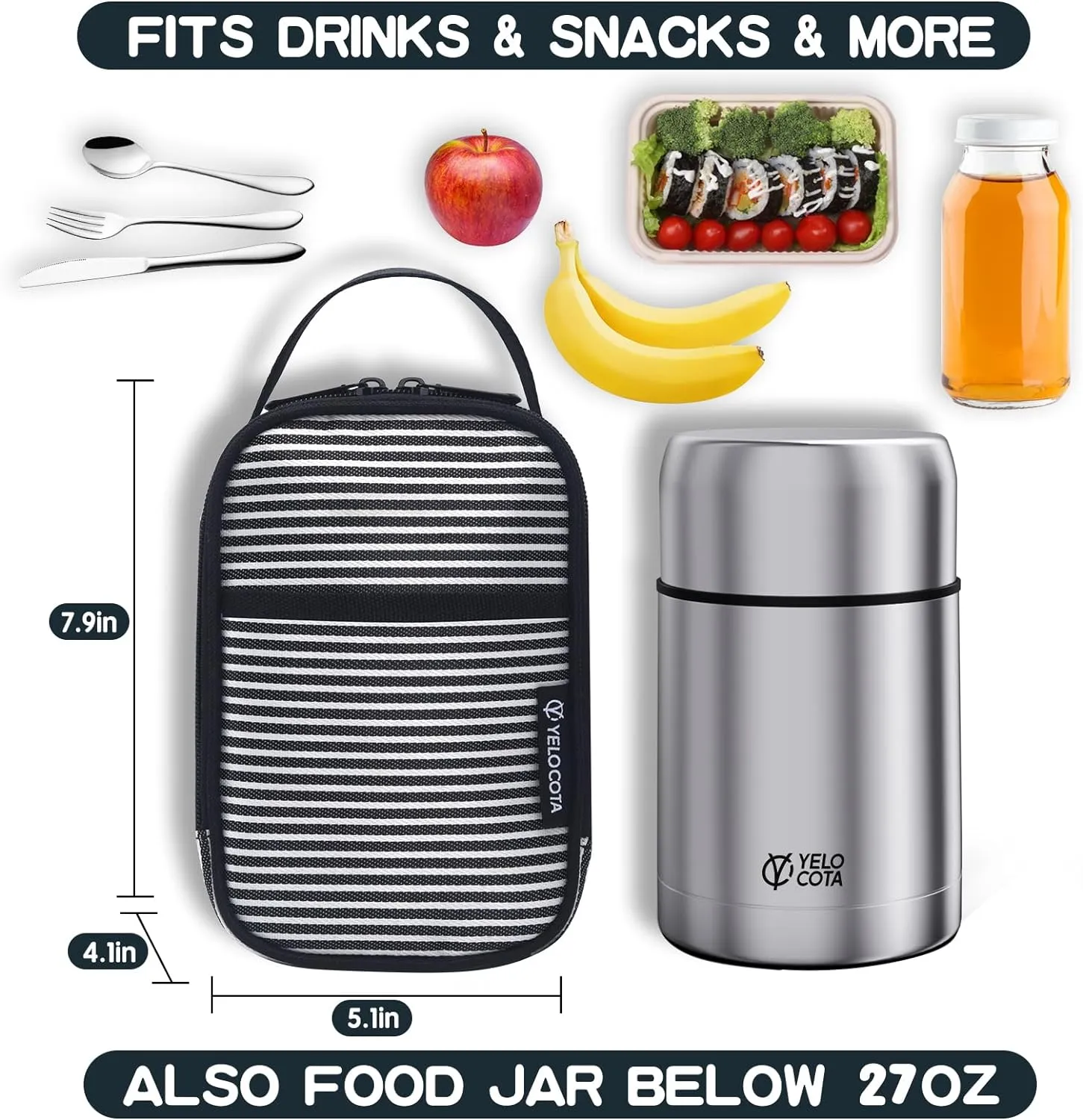 Yelocota Small Cooler Bag- Snack Bag- Insulated Lunch Bag for Kids- Lunch Thermal Bags- Exact Designed for Insulated Food Jar below 27oz-Lunch Tote Bag for Child,Men,Women