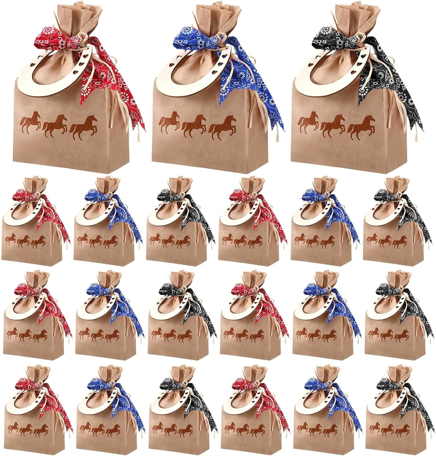 Yexiya 108 PCS Western Cowboy Gift Bags Western Party Favors With Bandana Print Ribbon and Horseshoe Pendant Cowboy Treat Bags for Birthday Party Supplies