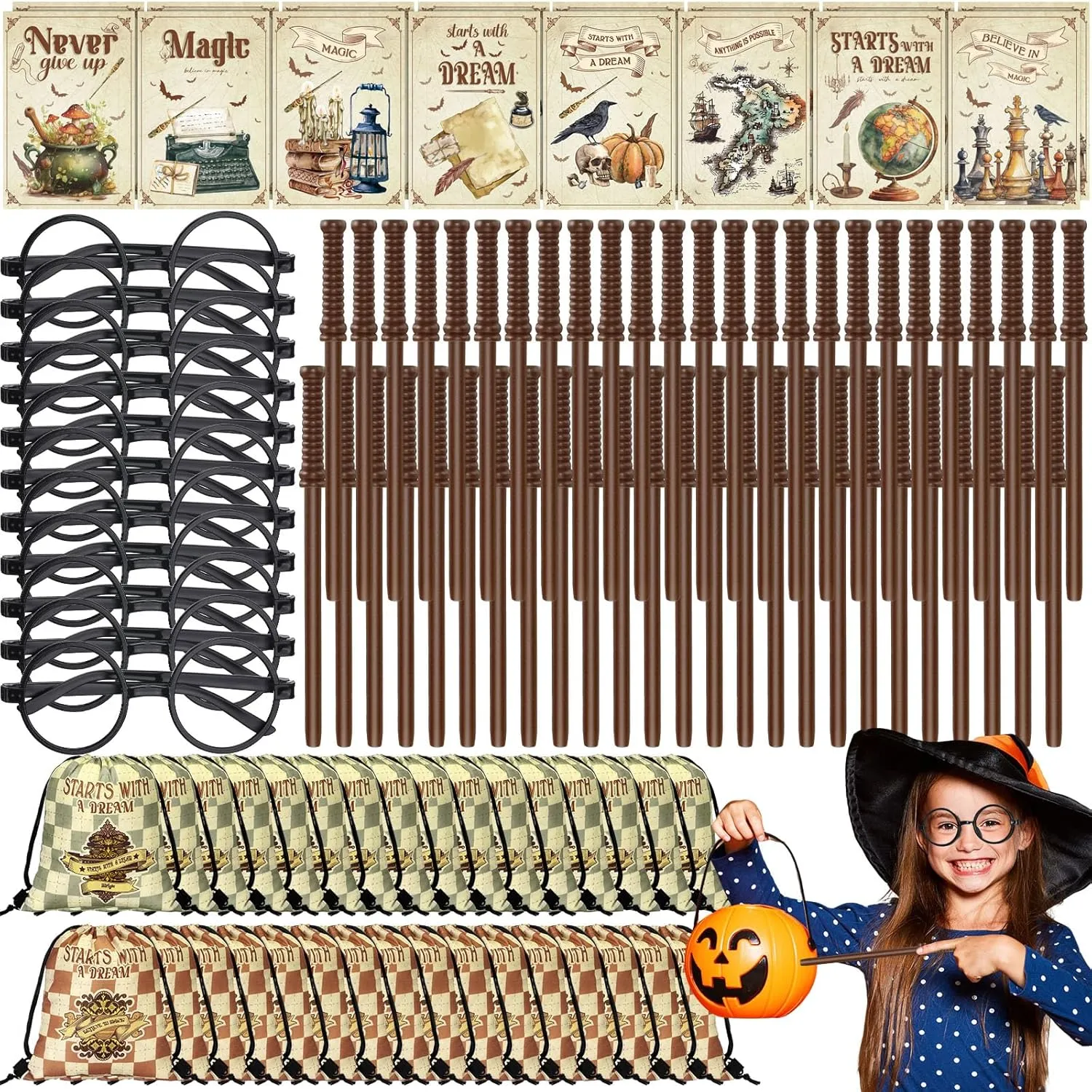 Yexiya 128 Pcs Wizard Party Favors Wizard Wands Pencils Round Glasses Goodie Bags Mini Notebooks Back to School Gifts Set for Kids Magical School Party Supplies