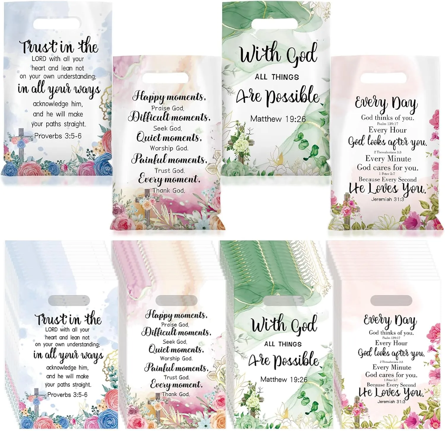 Yinder 200 Pcs Church Gift Bags Bulk Plastic Goody Bags with Handles Religious Treat Bags Religious Bible Verse Gifts Christian Candy Gift Bag for Church Party Supplies Party Favor Decoration