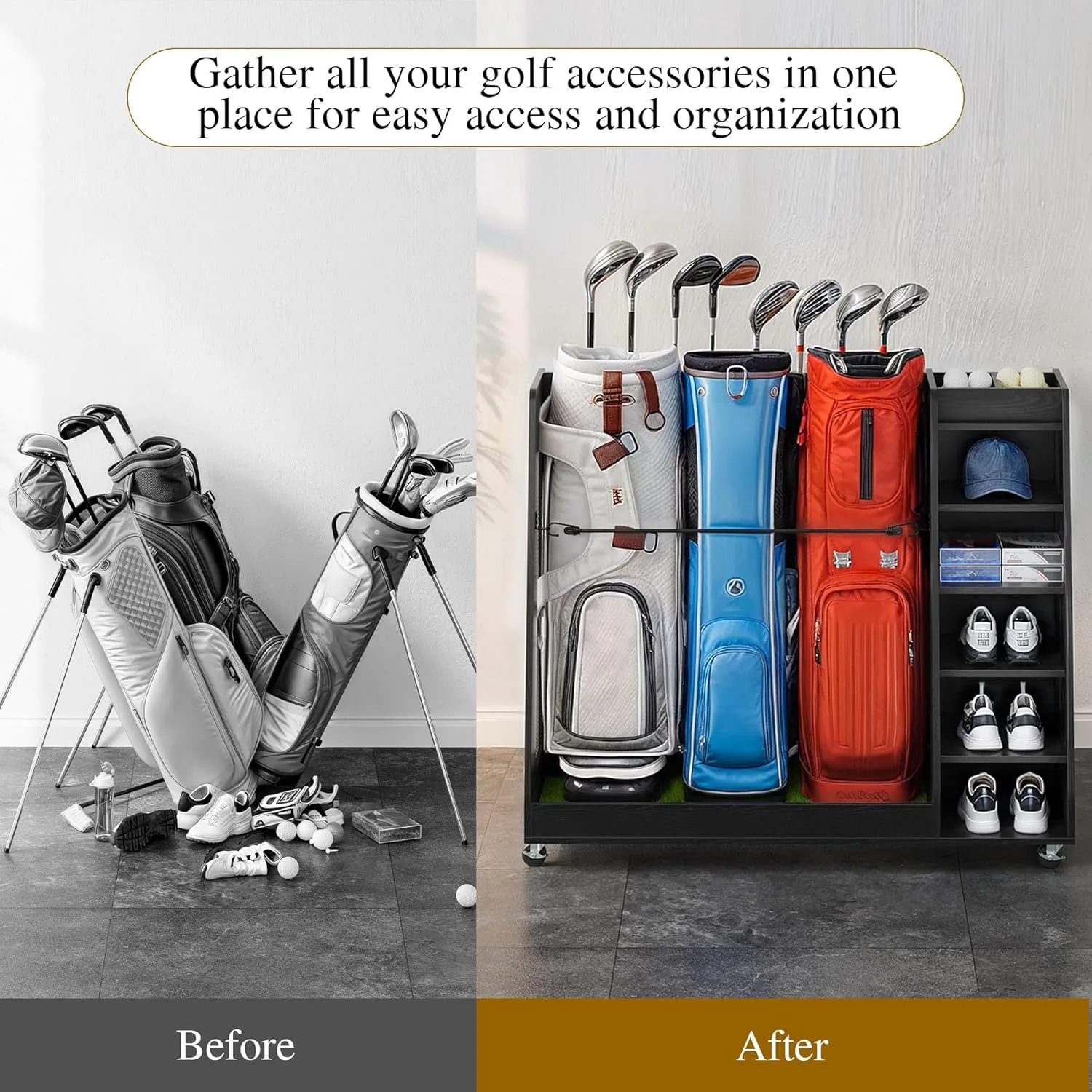 YITAHOME Wooden Golf Bag Organizer for Garage, Rolling Storage Stand for Golf Bags, Clubs, Balls, and Accessories, Holds 2 or 3 Golf Bags, Ideal for Golf Equipment Organization