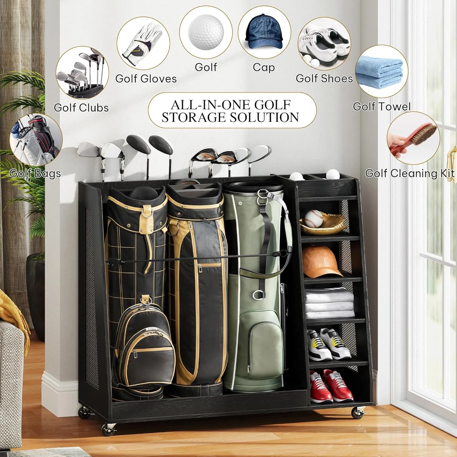 YITAHOME Wooden Golf Bag Organizer for Garage, Rolling Storage Stand for Golf Bags, Clubs, Balls, and Accessories, Holds 2 or 3 Golf Bags, Ideal for Golf Equipment Organization