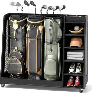 YITAHOME Wooden Golf Bag Organizer for Garage, Rolling Storage Stand for Golf Bags, Clubs, Balls, and Accessories, Holds 2 or 3 Golf Bags, Ideal for Golf Equipment Organization